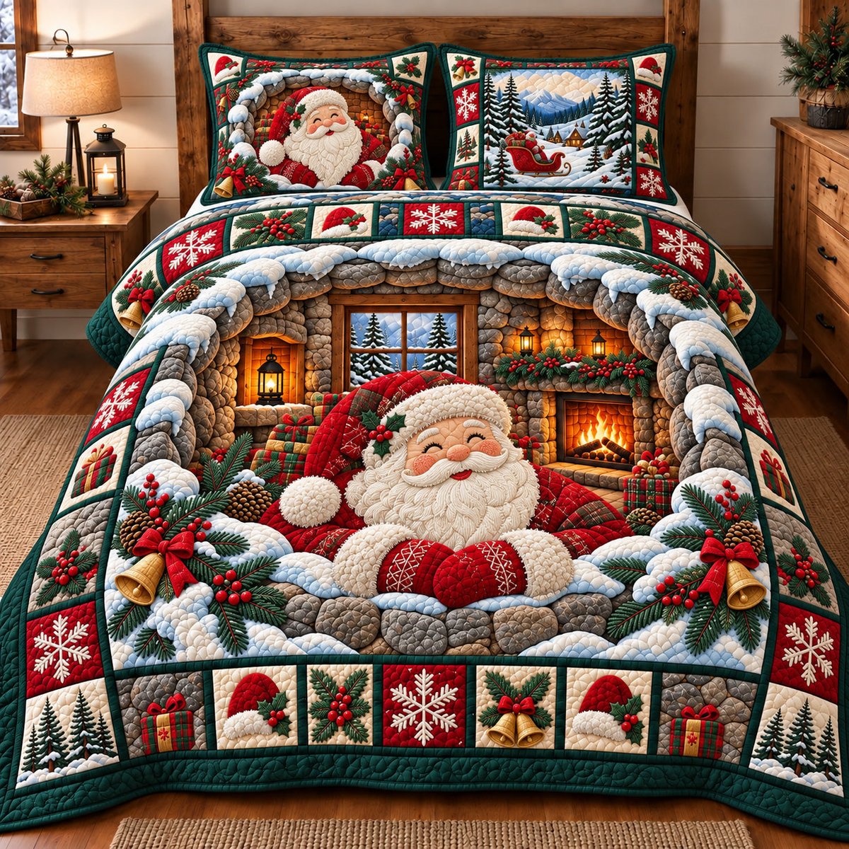 Cozy Fireplace Santa 3 Piece Quilted Bedding Set Christmas Gift For Holiday Decor Lovers
