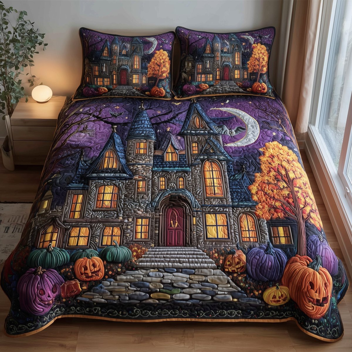 Spooky House 3 Piece Quilted Bedding Set Halloween Gift For Gothic Decor Lovers