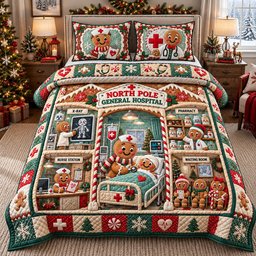 North Pole Hospital 3 Piece Quilted Bedding Set Christmas Gift For Holiday Decor Lovers