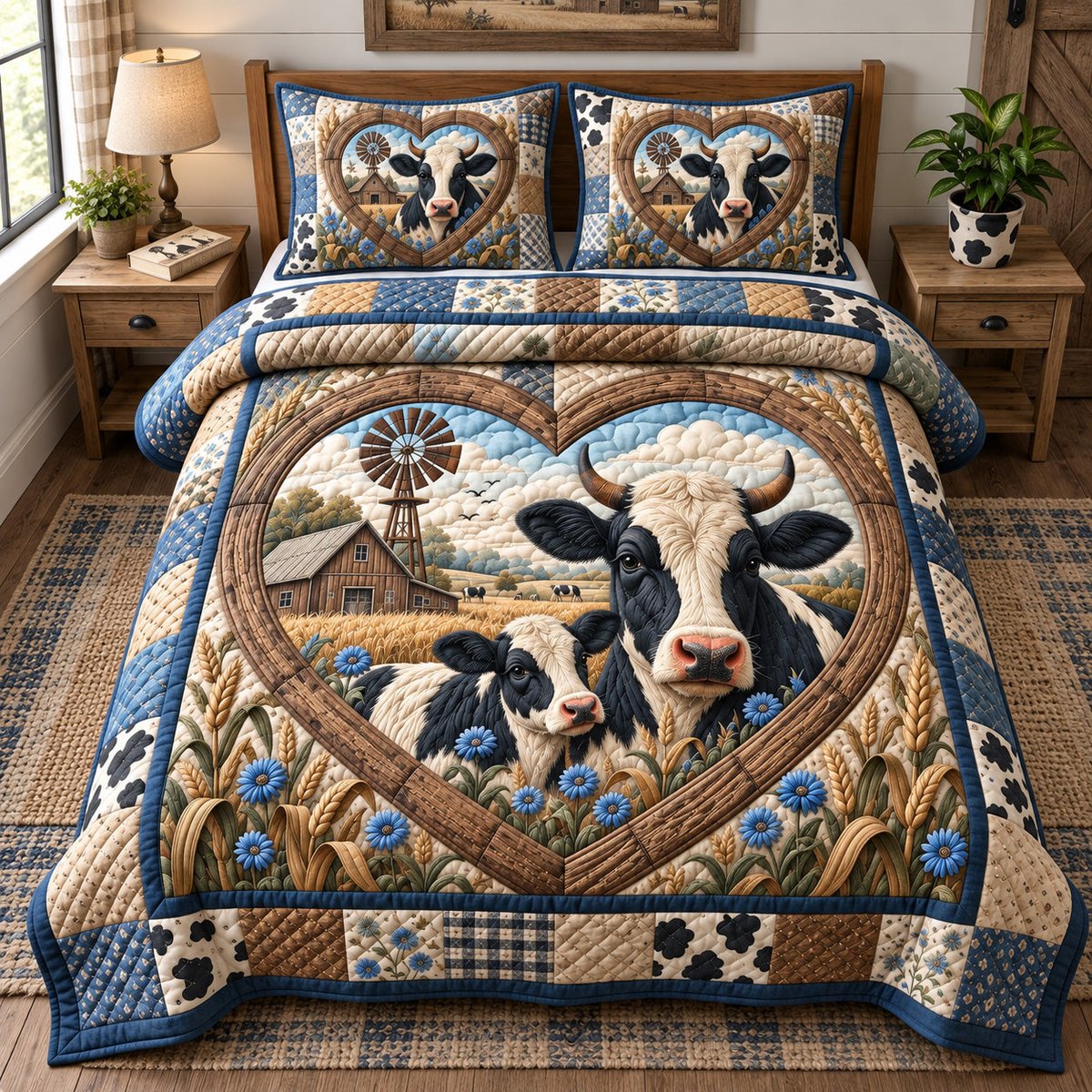 Farm Cow and Calf 3 Piece Quilted Bedding Set Gift For Cow Lovers