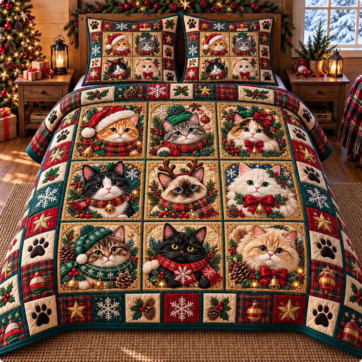 Festive Cat 3 Piece Quilted Bedding Set Christmas Gift For Cat Lovers