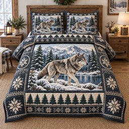 Snowy Mountain Wolf 3 Piece Quilted Bedding Set Gift For Wolf Lovers