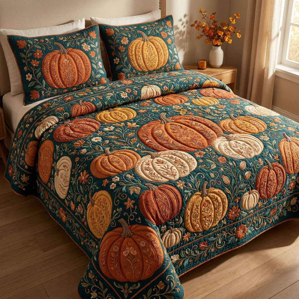 Pumpkin Cat 3 Piece Quilted Bedding Set Gift For Cat Lovers