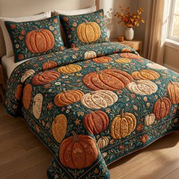 Pumpkin Cat 3 Piece Quilted Bedding Set Gift For Cat Lovers