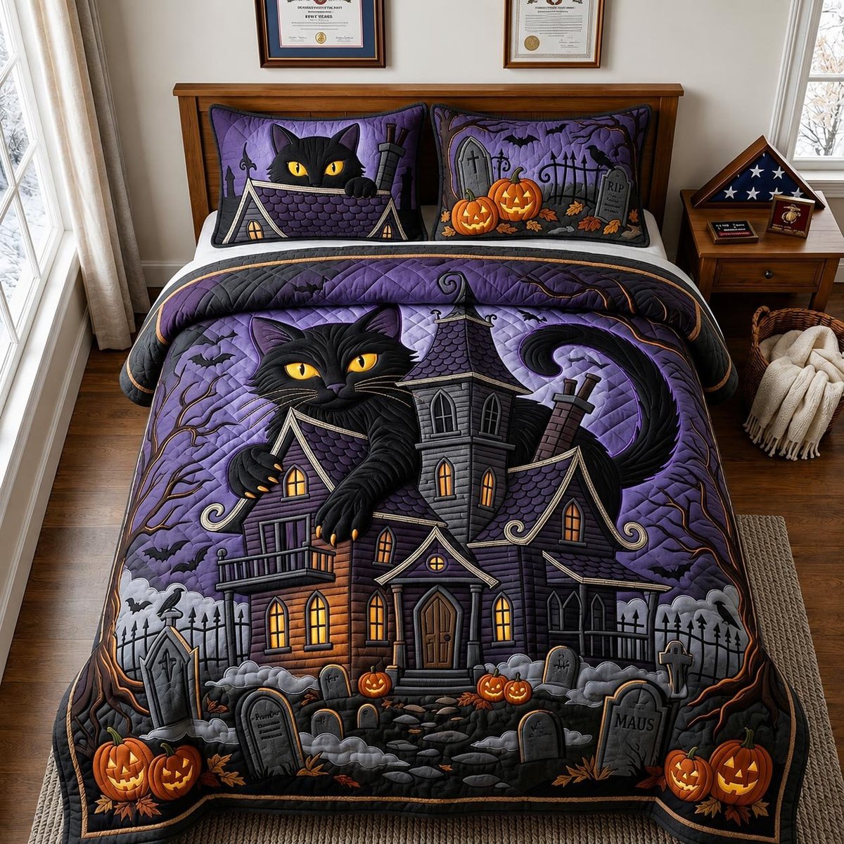 Haunted Cat 3 Piece Quilted Bedding Set Halloween Gift For Cat Lovers