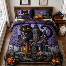 Haunted Cat 3 Piece Quilted Bedding Set Halloween Gift For Cat Lovers