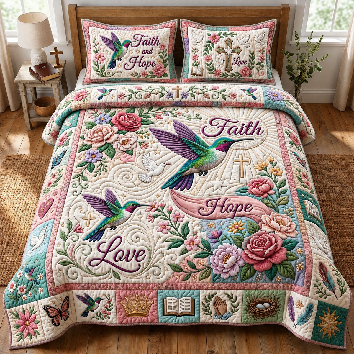 Faith Hope Love Hummingbird 3 Piece Quilted Bedding Set Gift For Christians
