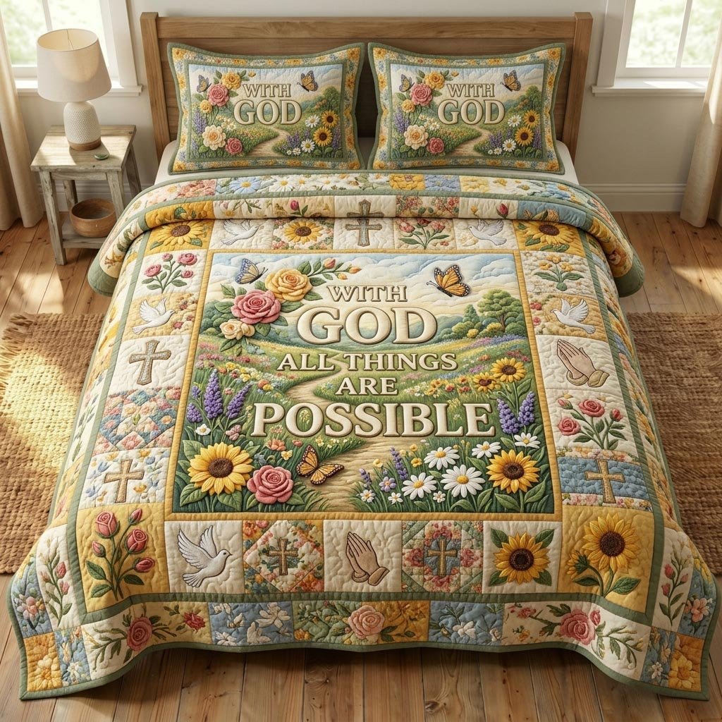 Floral Bible 3 Piece Quilted Bedding Set Gift For Christians