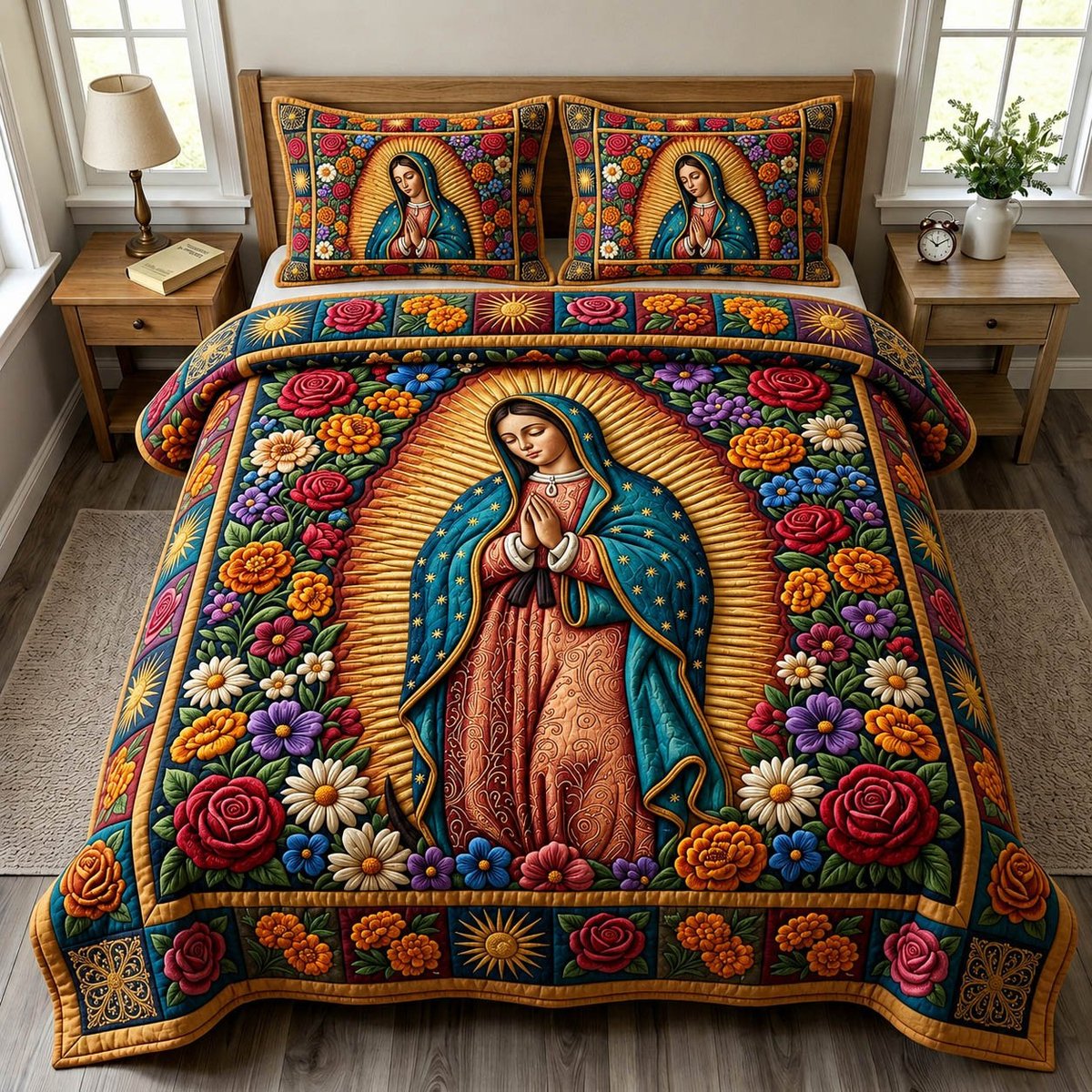 Mother Mary Christian 3 Piece Quilted Bedding Set Gift For Christians