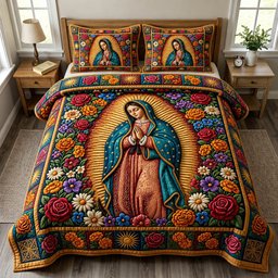 Mother Mary Christian 3 Piece Quilted Bedding Set Gift For Christians