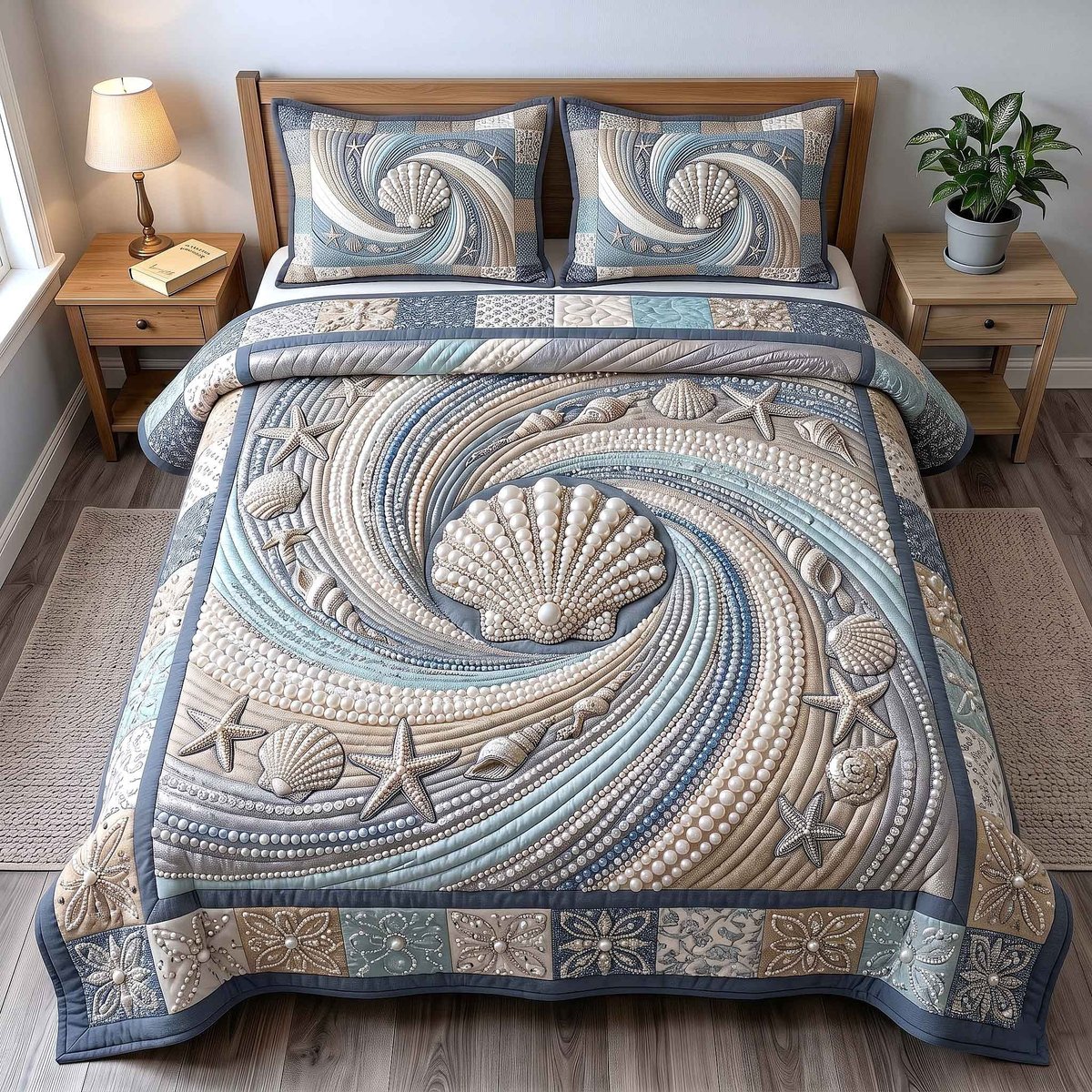 Pearl Coastal Whisper Beach 3 Piece Quilted Bedding Set Gift For Beach Lovers