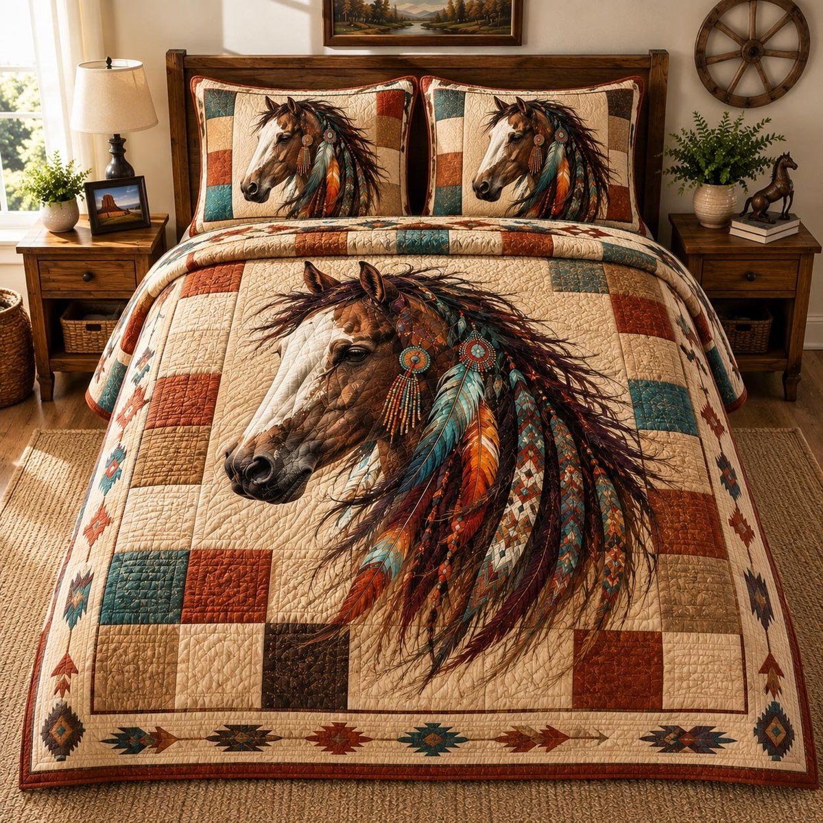 Feathered Mustang 3 Piece Quilted Bedding Set Gift For Horse Lovers