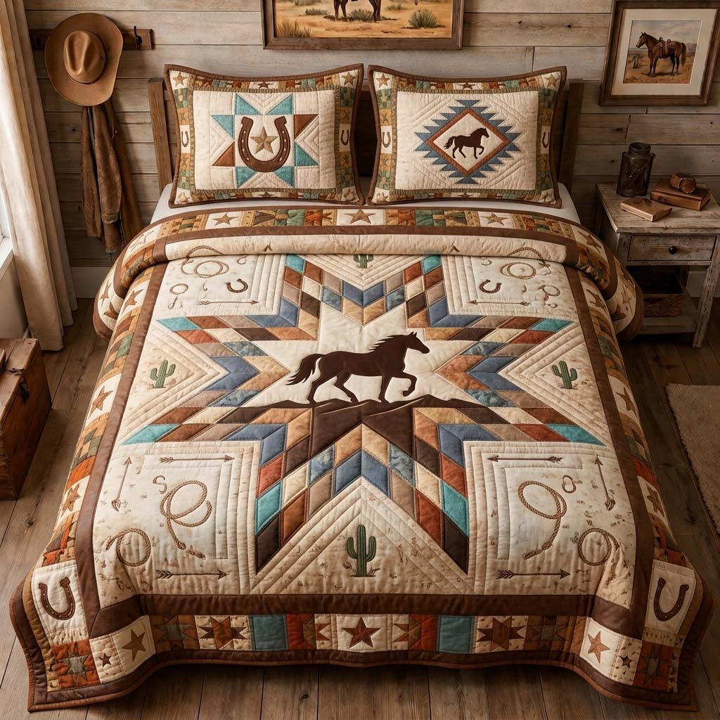Star Runner Horse 3 Piece Quilted Bedding Set Gift For Horse Lovers