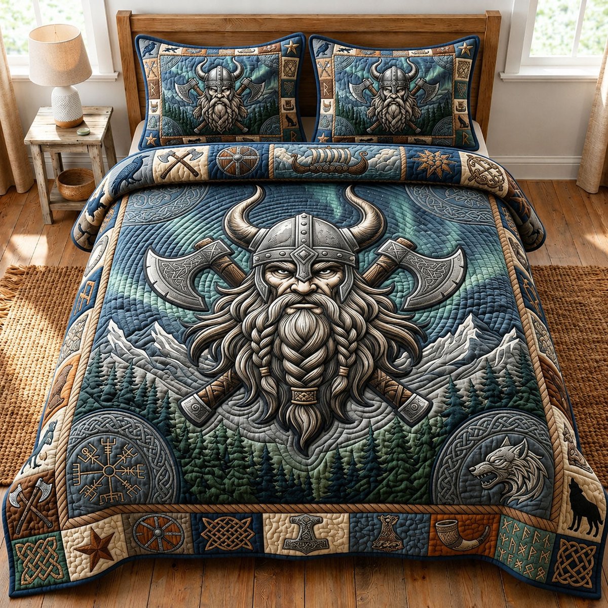 Viking Axe Bear 3 Piece Quilted Bedding Set Gift For Wolf Lovers