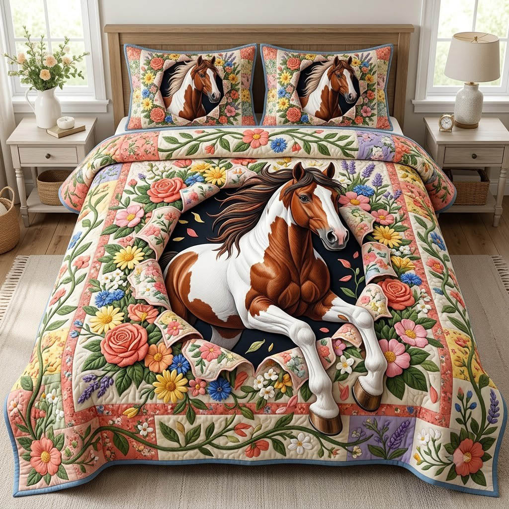 Running Horse 3 Piece Quilted Bedding Set Gift For Horse Lovers