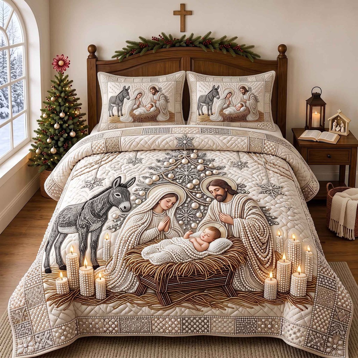 Pearl Miracle Christian 3 Piece Quilted Bedding Set Christmas Gift For Holiday Decor Lovers
