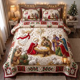 Holy Nativity Christian 3 Piece Quilted Bedding Set Gift For Christians