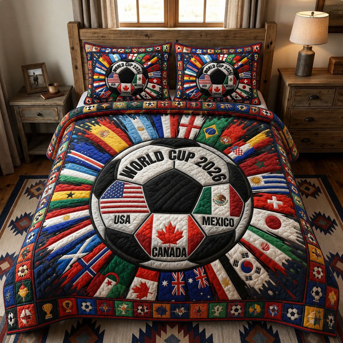 World Flags Soccer Unity 3 Piece Quilted Bedding Set Gift For Sports Fans