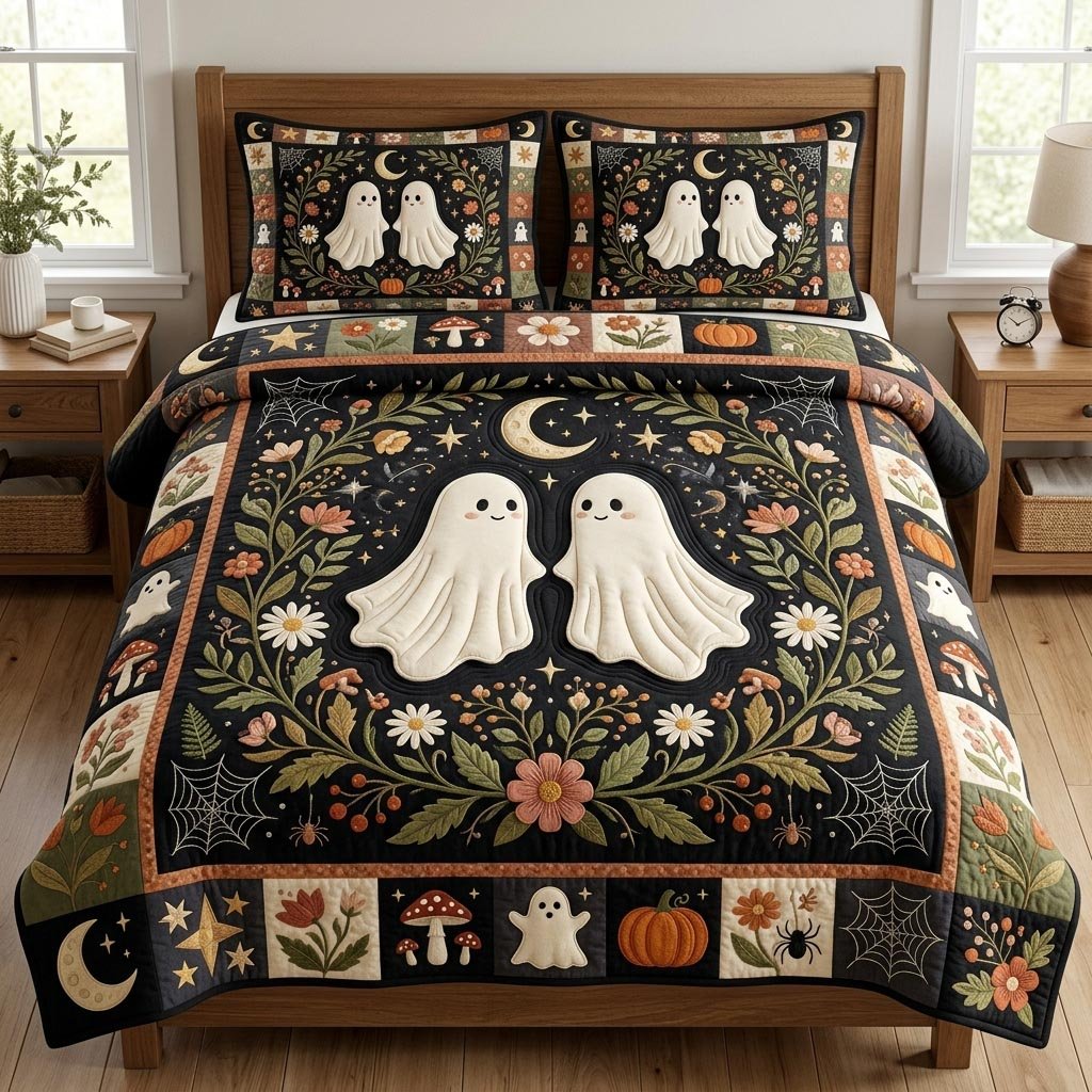 Ghost 3 Piece Quilted Bedding Set Halloween Gift For Gothic Decor Lovers