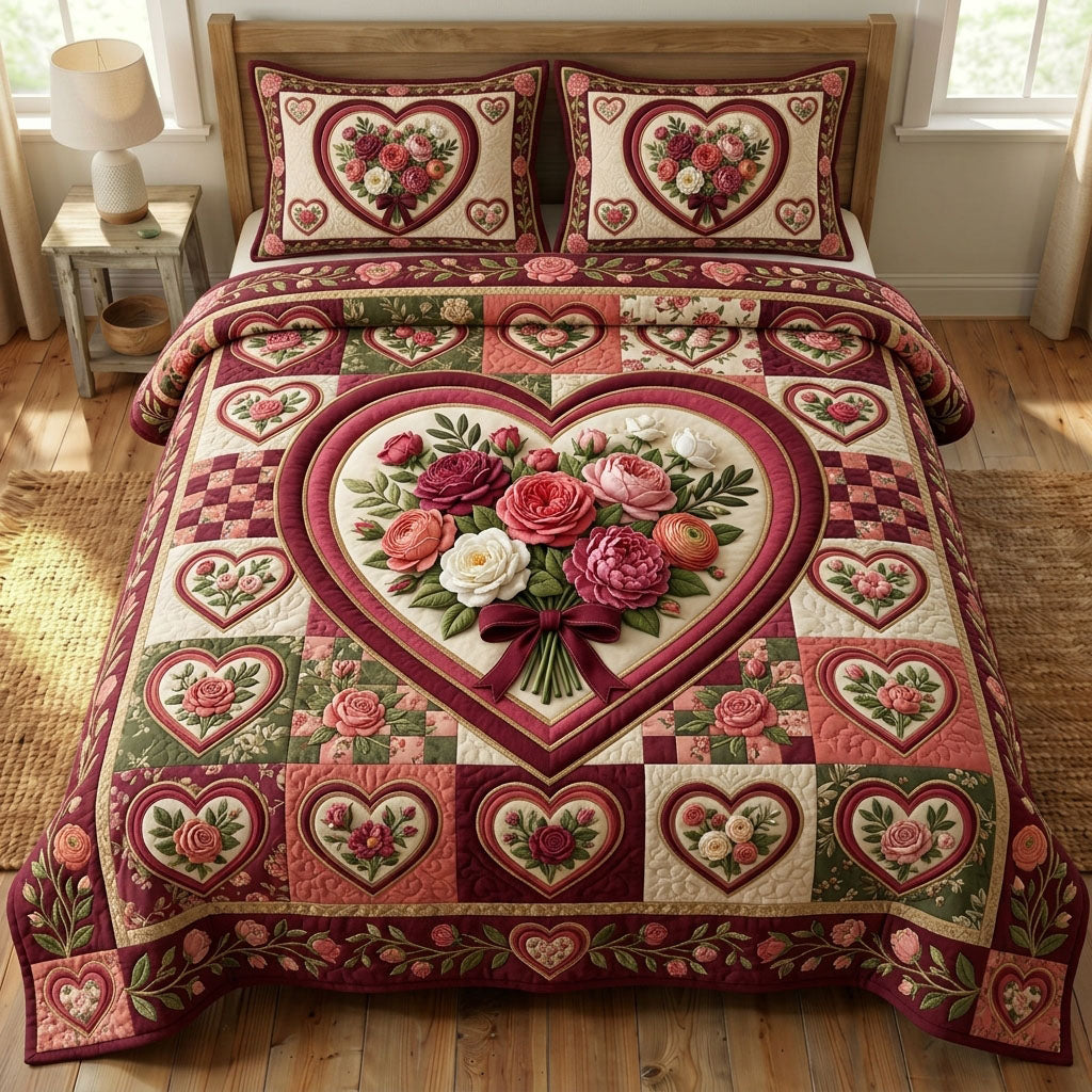 Floral Patchwork 3 Piece Quilted Bedding Set Gift For Flower Lovers