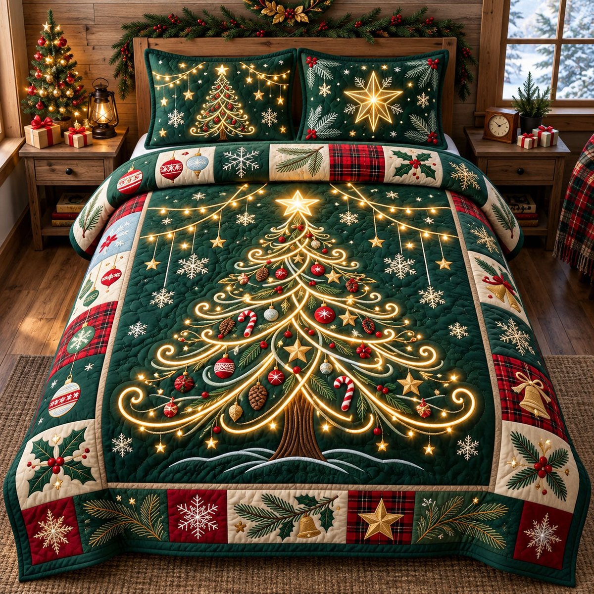 Light Tree 3 Piece Quilted Bedding Set Christmas Gift For Holiday Decor Lovers