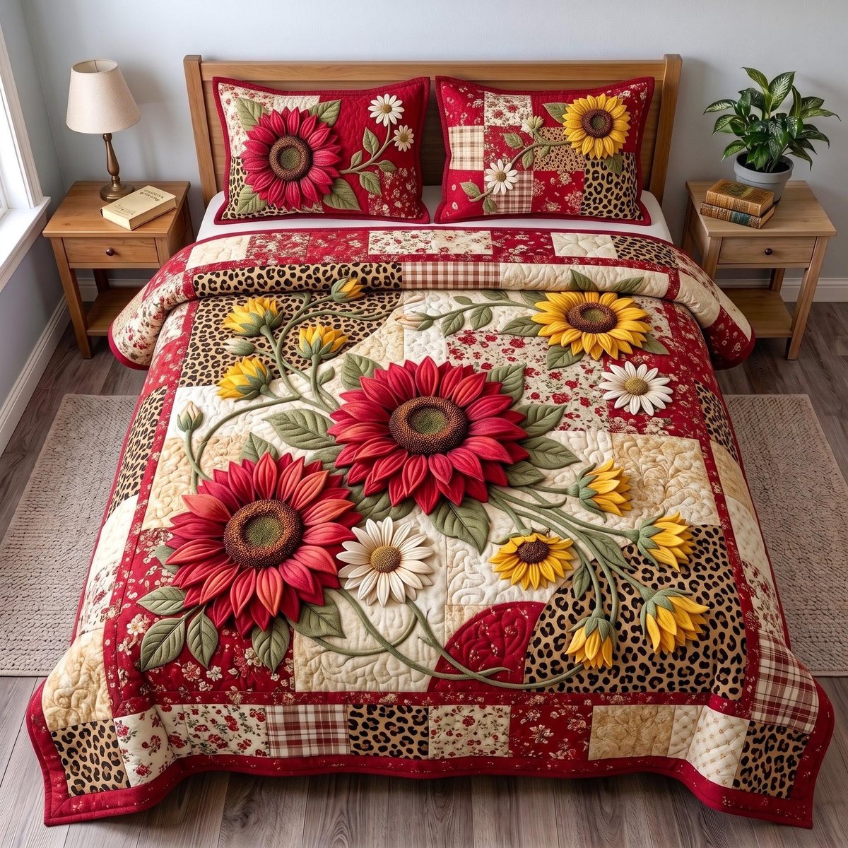 Sunflower Garden 3 Piece Quilted Bedding Set Gift For Flower Lovers