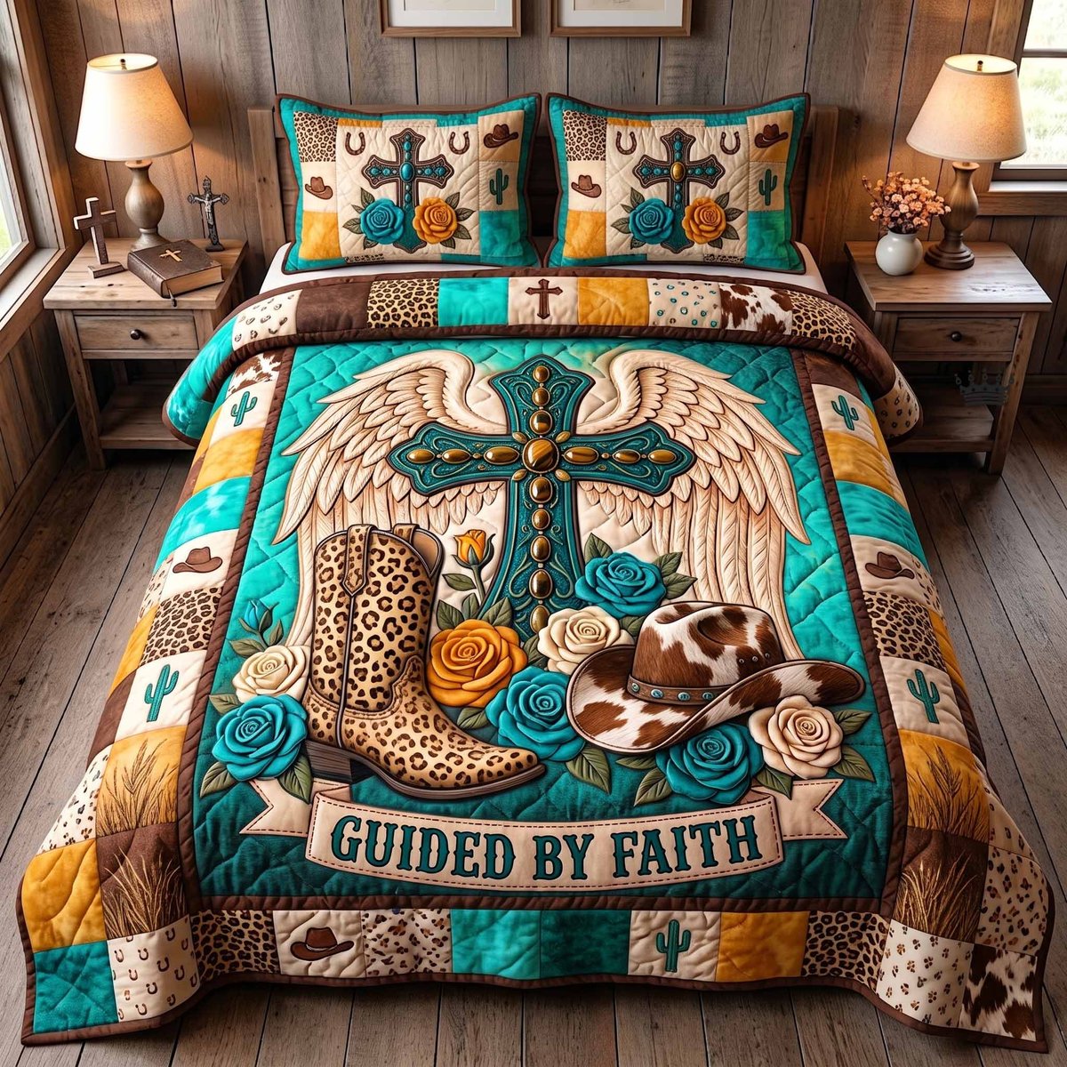 Western Grace Christian 3 Piece Quilted Bedding Set Gift For Western Lovers
