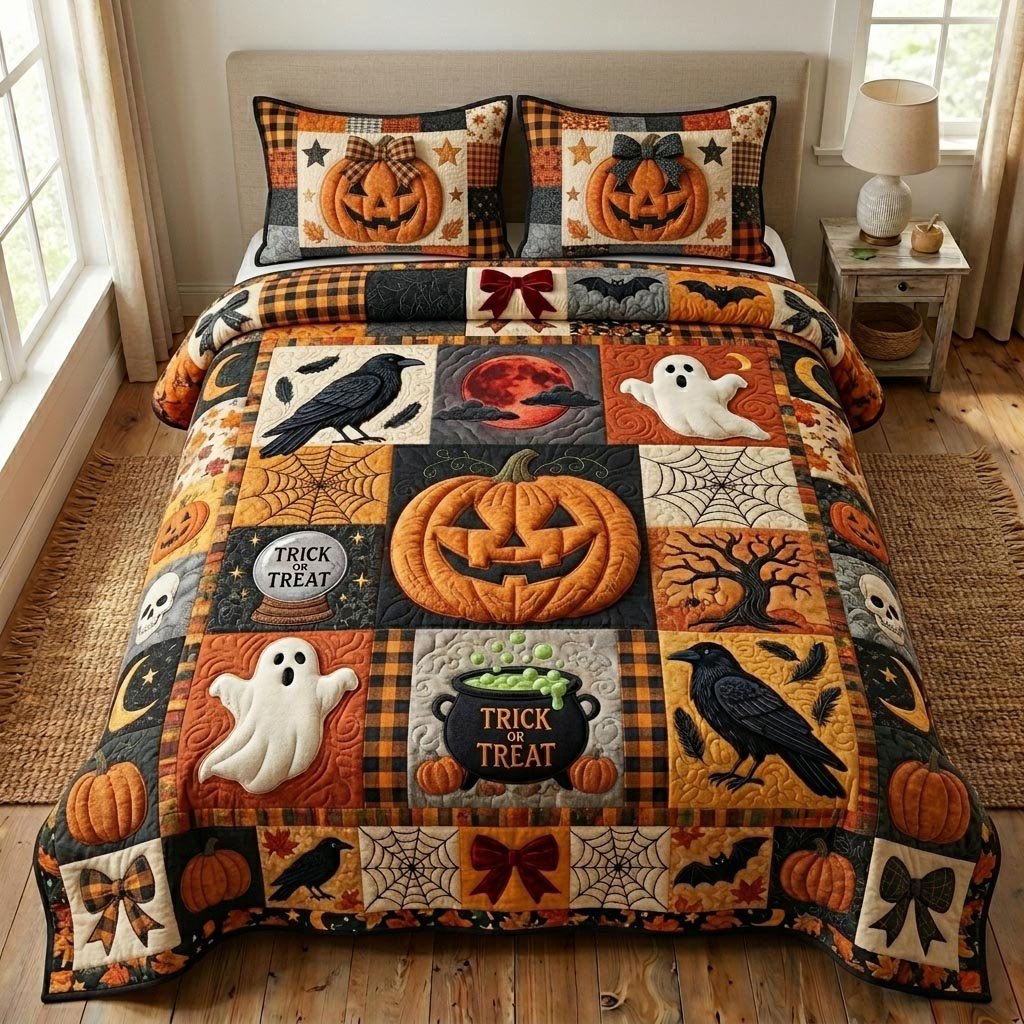Pumpkin Patch 3 Piece Quilted Bedding Set Gift For Farmhouse Decor Lovers