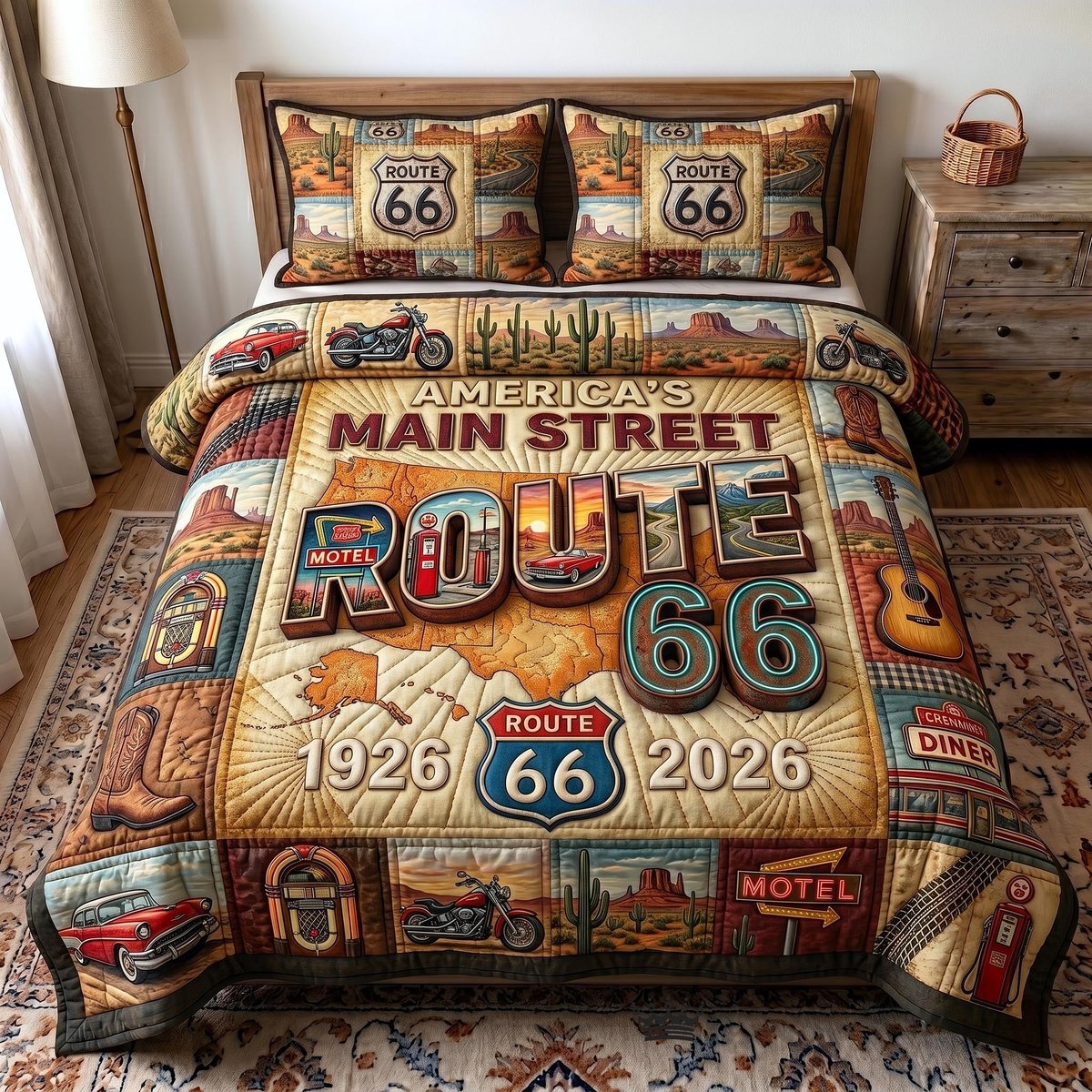 Route 66 Centennial 3 Piece Quilted Bedding Set Gift For Home Decor Lovers