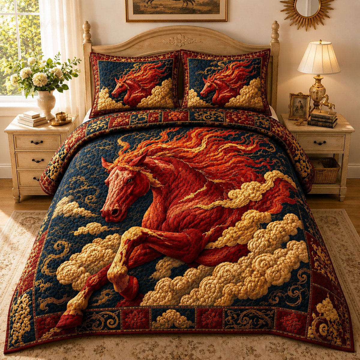 Crimson Celestial Fire Horse 3 Piece Quilted Bedding Set Gift For Horse Lovers