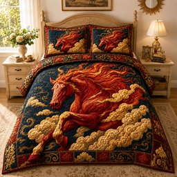 Crimson Celestial Fire Horse 3 Piece Quilted Bedding Set Gift For Horse Lovers