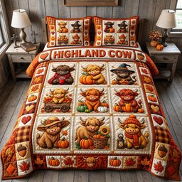 Fall Highland Cow 3 Piece Quilted Bedding Set Gift For Cow Lovers