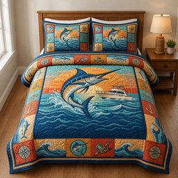 Nautical Fishing 3 Piece Quilted Bedding Set Gift For Fishing Lovers