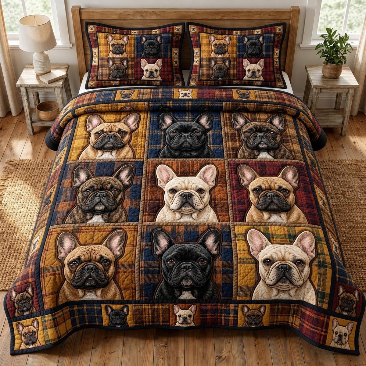 French Bulldog 3 Piece Quilted Bedding Set Gift For Dog Lovers