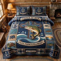 Fisher Fellowship Fishing 3 Piece Quilted Bedding Set Gift For Fishing Lovers