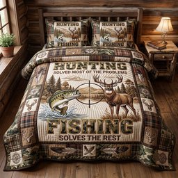 Hunting and Fishing 3 Piece Quilted Bedding Set Gift For Hunters
