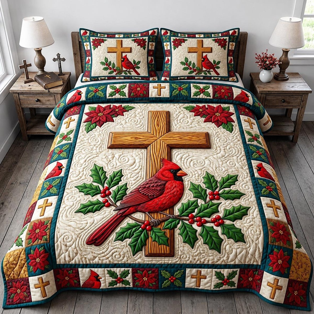 Red Cardinal 3 Piece Quilted Bedding Set Gift For Bird Lovers