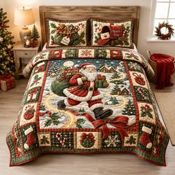 Santa North Pole Delivery 3 Piece Quilted Bedding Set Christmas Gift For Holiday Decor Lovers