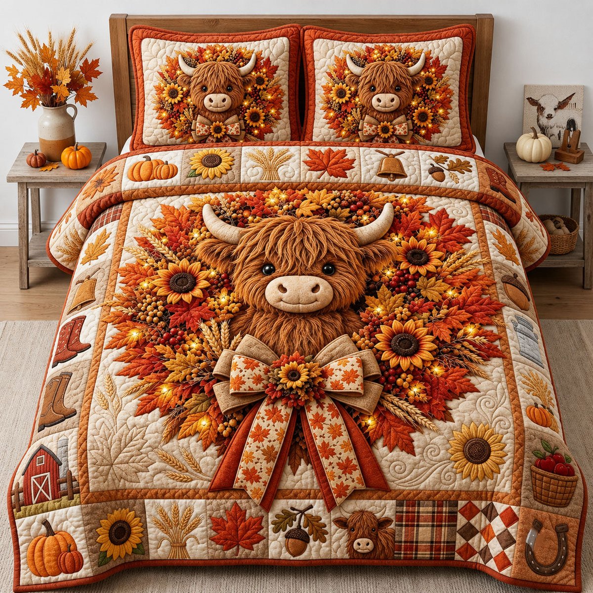 Highland Cow Fall Wreath 3 Piece Quilted Bedding Set Gift For Cow Lovers