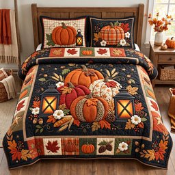 Pumpkin Lantern Harvest 3 Piece Quilted Bedding Set Halloween Gift For Gothic Decor Lovers