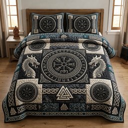 Norse Viking Dragon Runes 3 Piece Quilted Bedding Set Gift For Fantasy Lovers