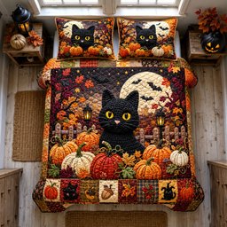 Black Cat Pumpkin Night 3 Piece Quilted Bedding Set Gift For Cat Lovers