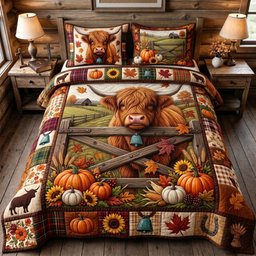 Rustic Highland 3 Piece Quilted Bedding Set Gift For Cow Lovers