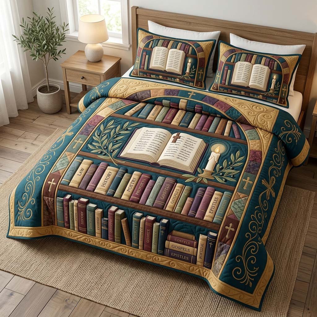 Scripture Library Christian 3 Piece Quilted Bedding Set Gift For Christians