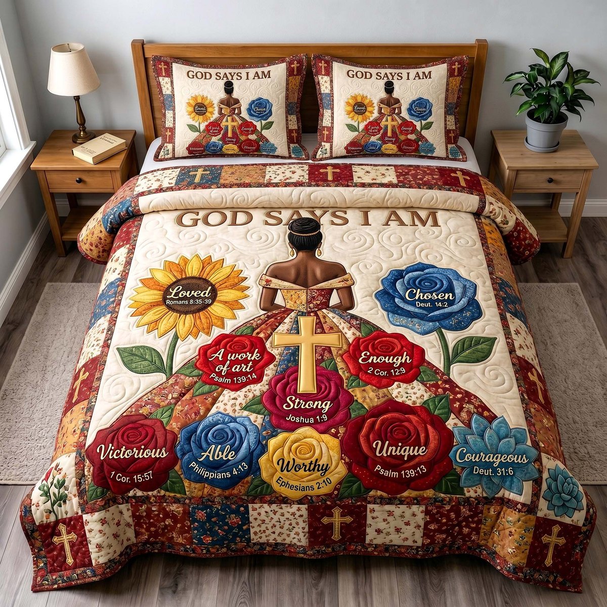 Melanin Grace Christian 3 Piece Quilted Bedding Set Gift For African American Heritage Lovers