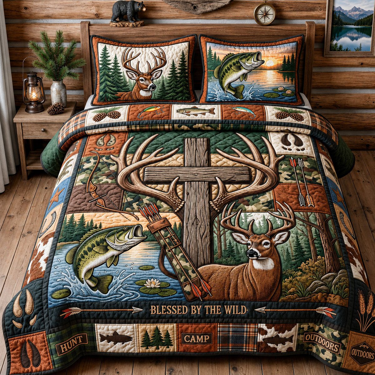 Hunting and Fishing 3 Piece Quilted Bedding Set Gift For Hunters