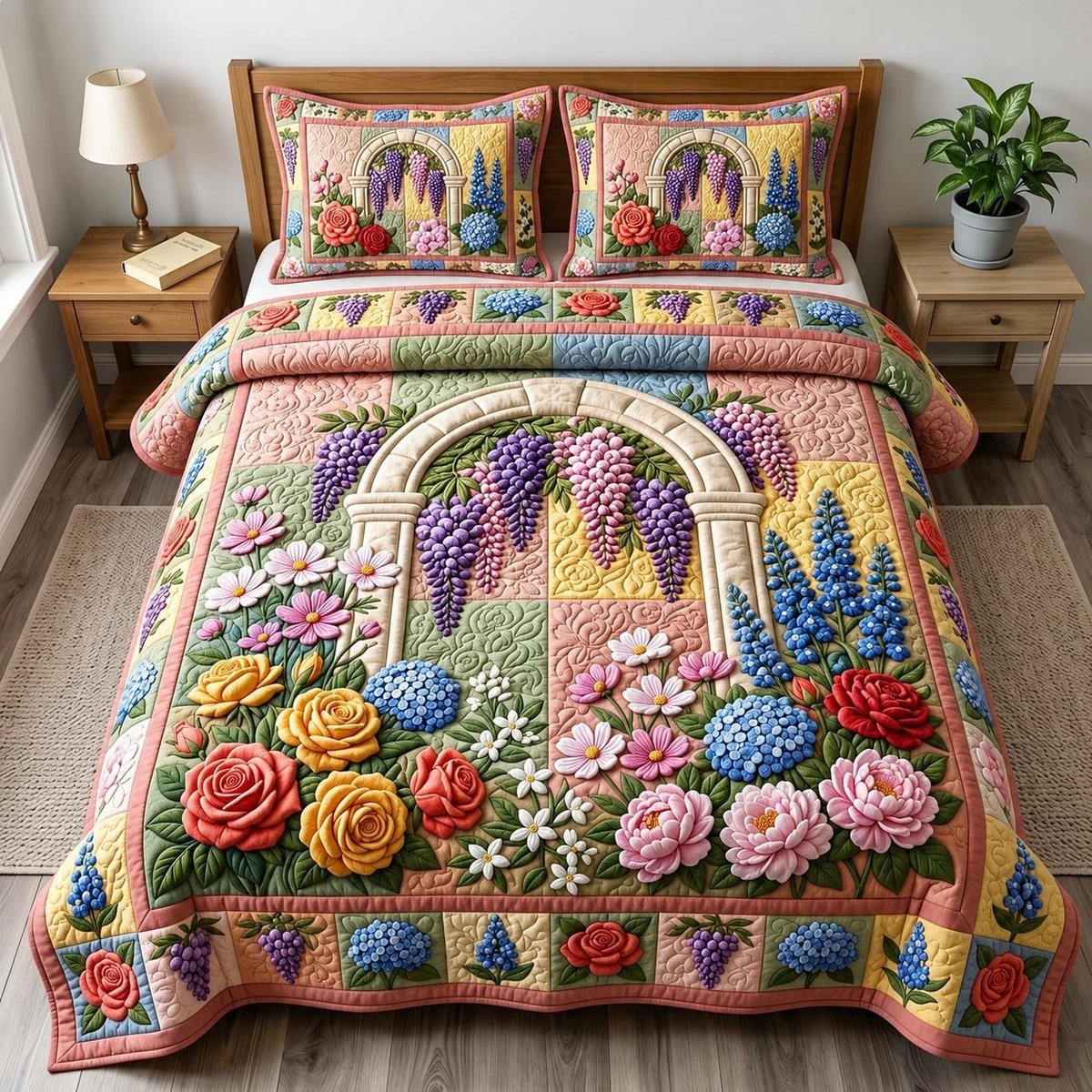 Flower Garden 3 Piece Quilted Bedding Set Gift For Flower Lovers