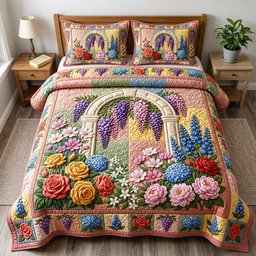 Flower Garden 3 Piece Quilted Bedding Set Gift For Flower Lovers