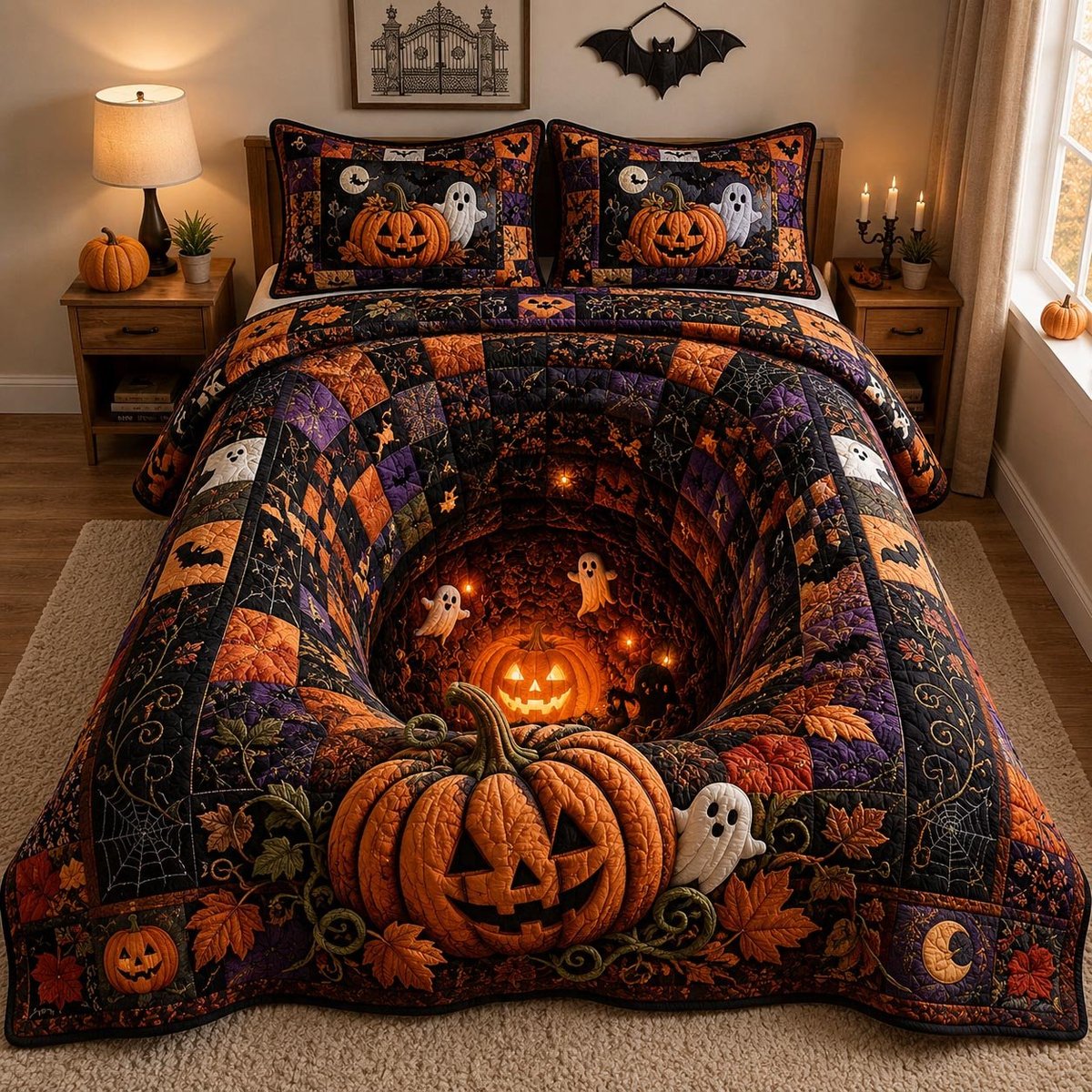 Haunted Moon 3 Piece Quilted Bedding Set Halloween Gift For Gothic Decor Lovers