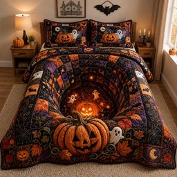 Haunted Moon 3 Piece Quilted Bedding Set Halloween Gift For Gothic Decor Lovers